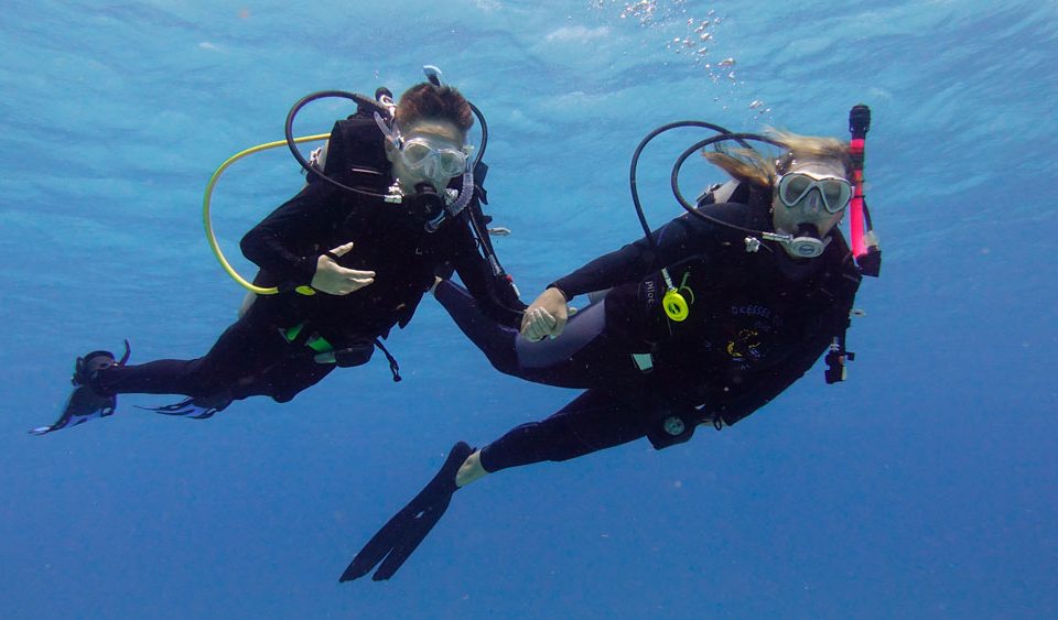 Family diving in the Caribbean - mother and child