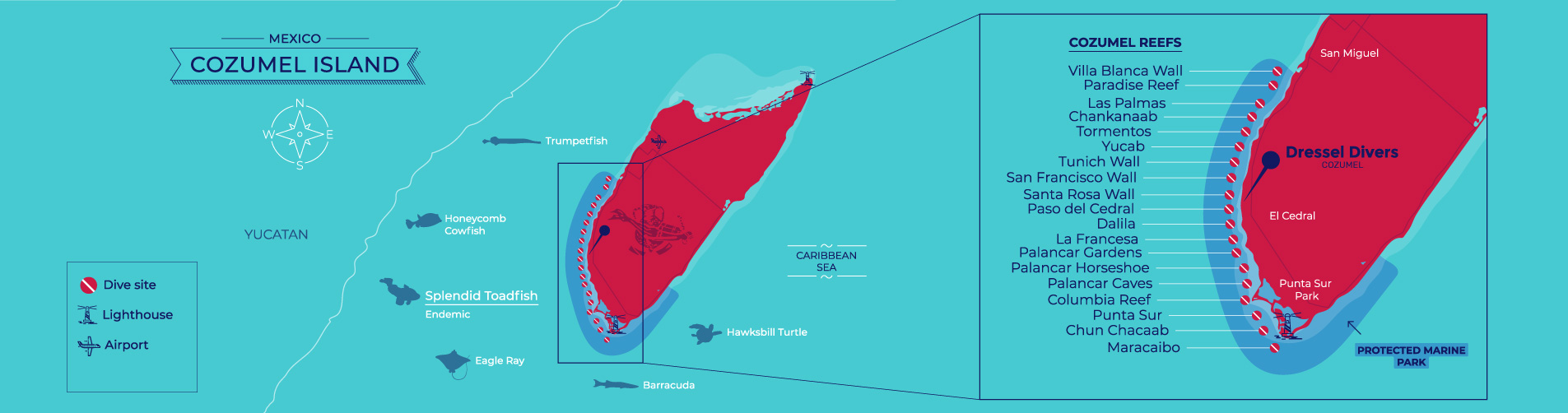 Map of reefs in Cozumel - mapa de arrecifes de Cozumel