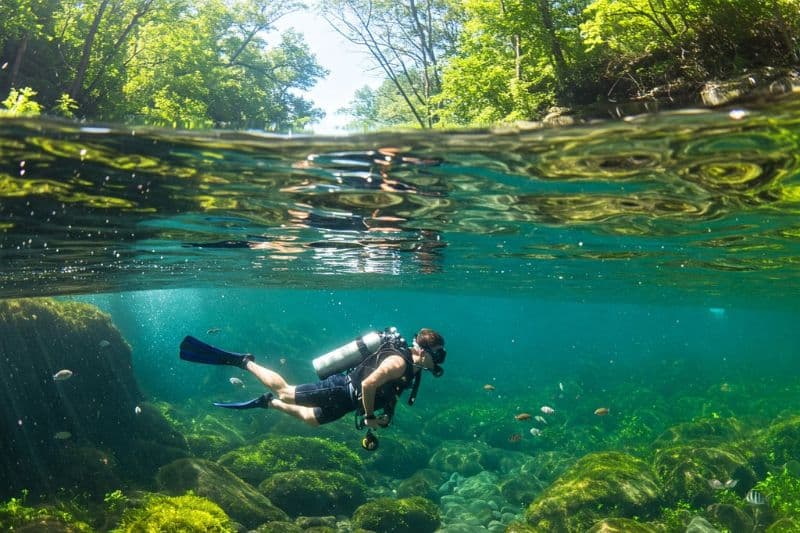 scuba diving in a river - bucear en un río